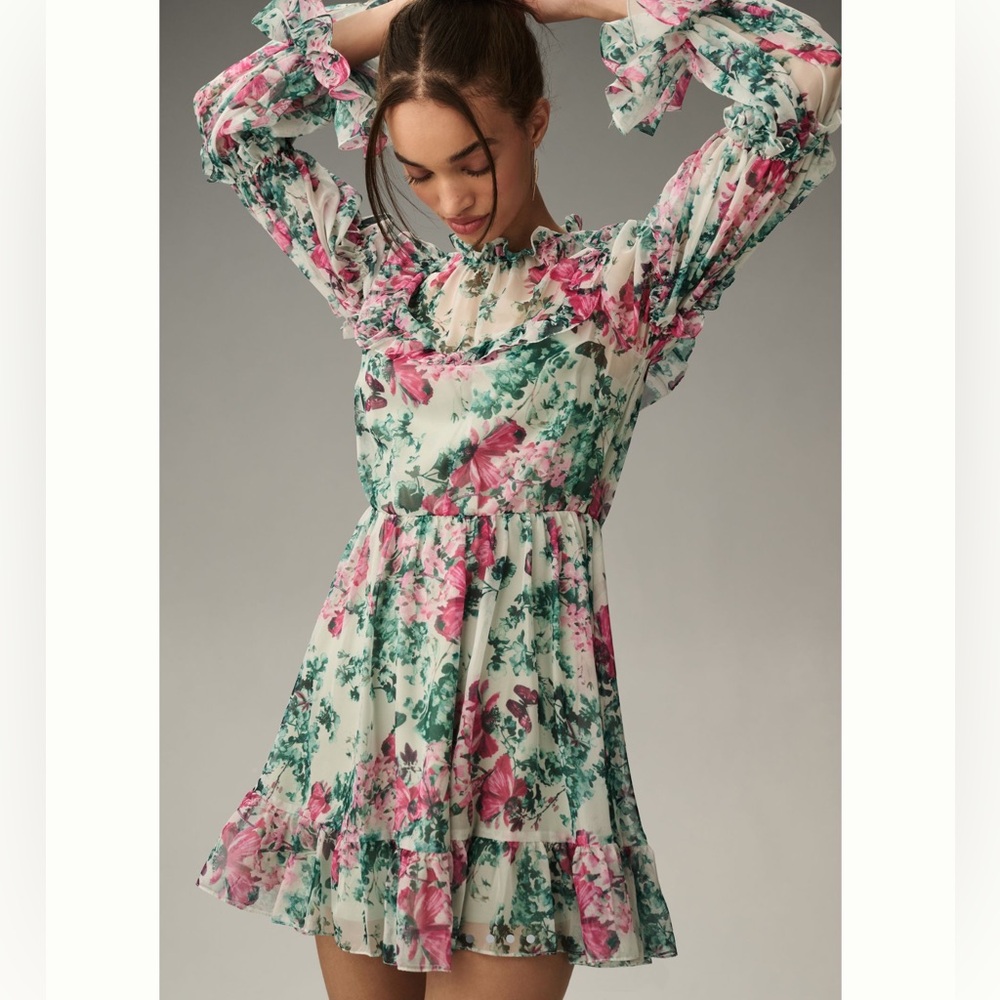 🦋Mac Duggal Long Sleeve Ruffled Floral Chiffon Tiered Mini Dress Anthropologie